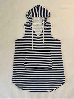 Striped Terry Cloth Sleeveless Hooded Mini Dress - White and Navy